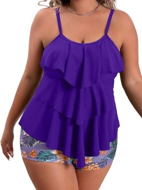 🆕 Purple Ruffled Tiered Tankini swimsuit plus size tummy control with 🩳